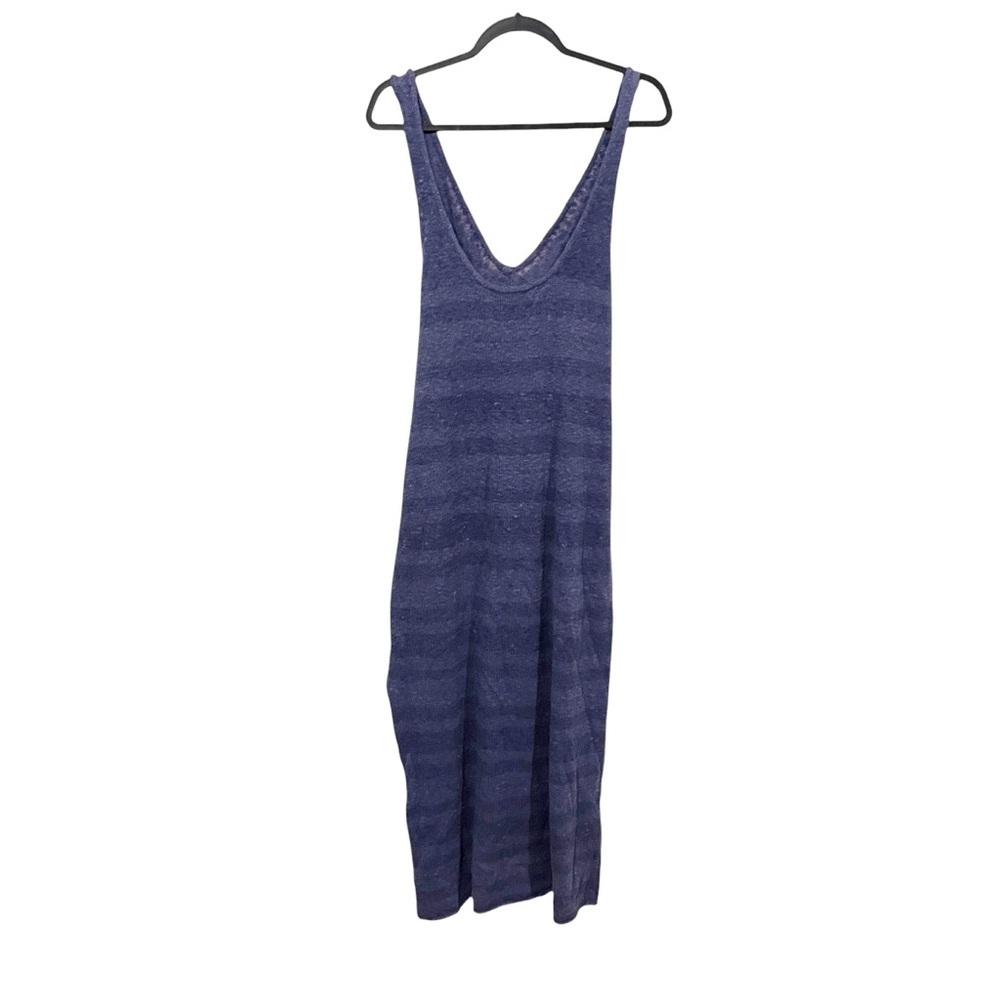 Free People Beach Hamptons Stretch Knit Midi Dress M Blue Tie Waist Linen Cotton - Picture 4 of 6